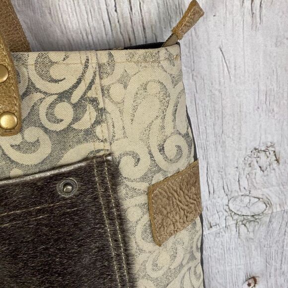 Myra The Gypsy Upcycled Canvas and Genuine Cowhide Leather Tote Bag - Picture 8 of 12